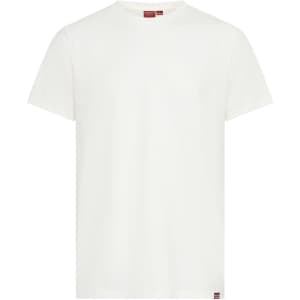 A plain white T-shirt with short sleeves, featuring a small logo at the hem.