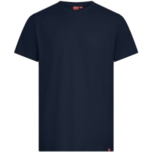 A navy blue T-shirt with a round neck and short sleeves, featuring a branding label.