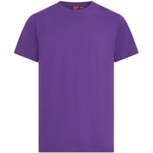A purple T-Shirt with short sleeves and a round neck, featuring a logo on the inside.