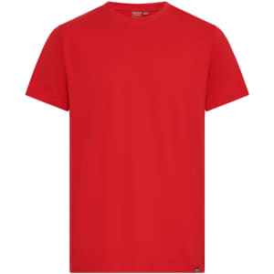 A red T-shirt made of cotton, featuring a crew neck and short sleeves, with a logo on the front.