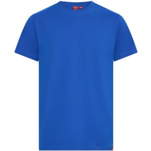 A blue T-shirt featuring a simple design and a tag with branding.