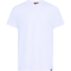A plain white T-shirt made from cotton, featuring a small logo on the bottom.
