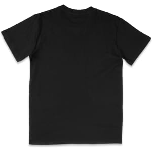 A black t-shirt with a plain back. The fabric appears soft and casual. It features a branding logo.