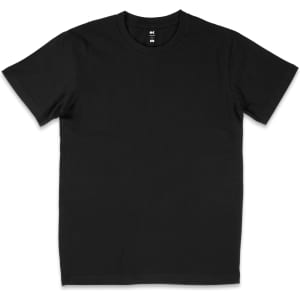 A black T-shirt featuring a round neckline, short sleeves, and a label inside the collar.