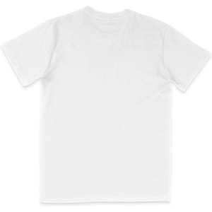 A plain white T-shirt with a round neck and short sleeves, featuring a logo on the back.