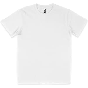 A plain white t-shirt with short sleeves and a tag at the neck, featuring a branding label.