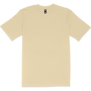 A classic fit tee in a light beige colour, featuring short sleeves and a simple design with a logo.