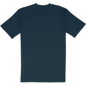 A classic fit tee in navy blue with short sleeves and a round neckline, featuring a branding logo.