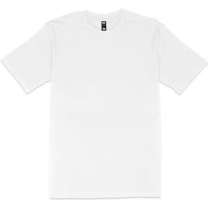 A plain white classic fit tee featuring short sleeves and a round neck, with a logo tag inside the collar.