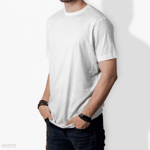 A white T-shirt with a classic fit, displayed on a model with hands in pockets. It features a logo on the sleeve.
