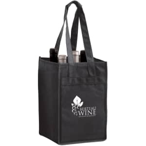 A black non-woven polypropylene tote bag designed to hold four wine bottles, featuring a logo on the front.