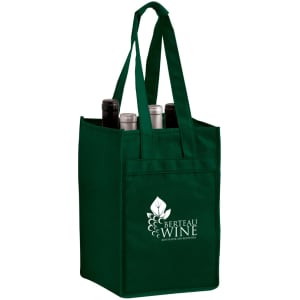 A green non-woven polypropylene tote bag designed to hold four bottles, featuring a logo.