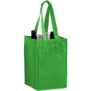 A green non-woven polypropylene tote bag designed to hold four bottles, featuring sturdy handles and a logo.