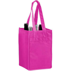 A pink non-woven polypropylene tote bag designed to hold four bottles, featuring sturdy handles and a logo.