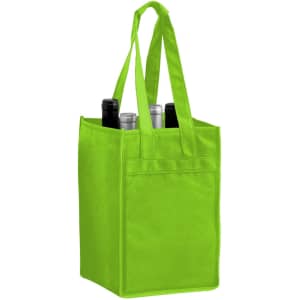 A green non-woven polypropylene tote bag with four compartments for bottles, featuring long handles.