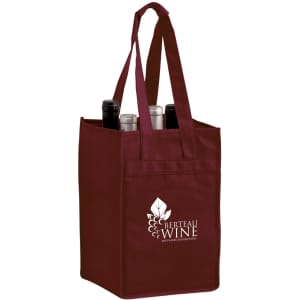 A maroon non-woven polypropylene tote bag designed to hold four wine bottles, featuring a logo on the side.