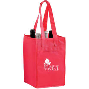 A red non-woven polypropylene tote bag holding four wine bottles, featuring a logo on the front.