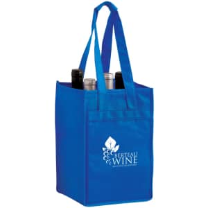 A blue non-woven polypropylene tote bag designed to hold four wine bottles, featuring a logo.