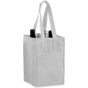 A white non-woven polypropylene tote bag designed to hold four bottles, featuring handles and a plain exterior.