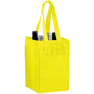 A yellow non-woven polypropylene tote bag holding four wine bottles, featuring sturdy handles and a simple design.