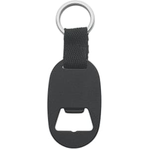 A drink bottle opener keyring in black with a metallic keyring attachment and a textured grip.
