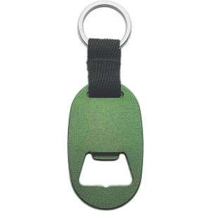 A green metal keyring with a bottle opener and a black fabric attachment loop. It includes a silver keyring.