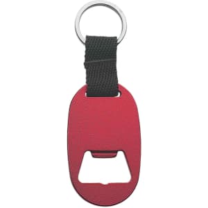 A drink bottle keyring in red with a black strap, featuring a bottle opener and a metal ring for attachment.
