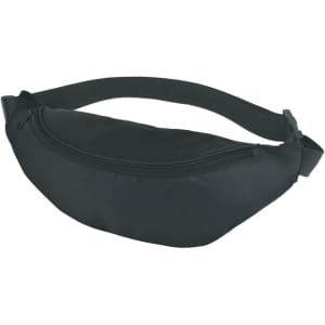 A black bum bag with a zippered compartment and an adjustable strap. It features a branding logo.