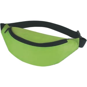 A green bum bag with a zippered compartment and an adjustable strap, featuring a logo.