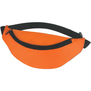 An orange bum bag with a black adjustable strap and a zippered compartment. It features a logo.