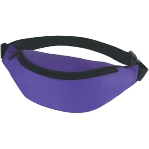 A purple bum bag with a zipper closure and an adjustable black strap. It features a logo on the side.