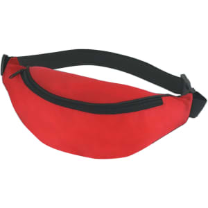 A red bum bag with a black zipper and adjustable strap, featuring a logo on the front.