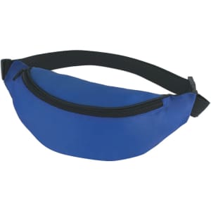 A blue bum bag with a black adjustable strap and a zippered pocket, featuring a logo.