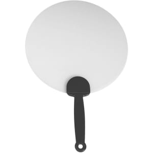 A plastic hand fan with a round, white surface and a black handle, featuring a logo on the handle.