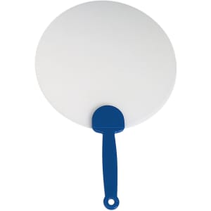 A plastic hand fan with a round white surface and a blue handle, featuring a logo on the handle.