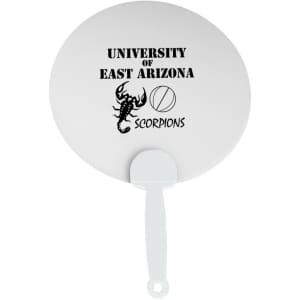 A round white plastic hand fan with a handle and a logo featuring a scorpion. Includes text related to a university.