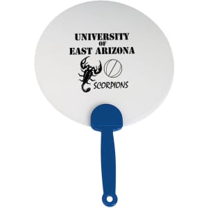 A round plastic hand fan in white with a blue handle, featuring a logo and text related to a university.