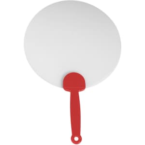 A round plastic hand fan with a white body and red handle, featuring a simple design and a logo.