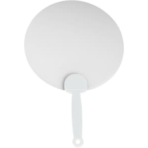 A white plastic hand fan with a textured circular surface and a flat handle. It features a small logo.