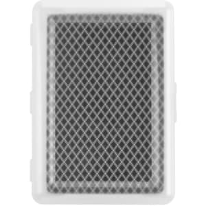 A set of playing cards in a clear plastic case, featuring a patterned black and white design.