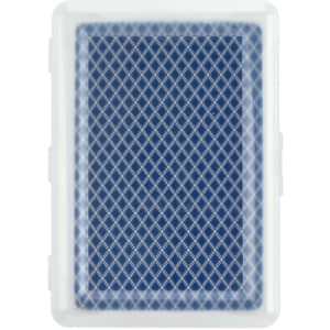 A set of playing cards in a clear case, featuring a blue and white diamond pattern on the cards.