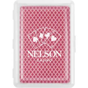 A red playing card deck in a clear case, featuring a logo on the front and a diamond-patterned design.
