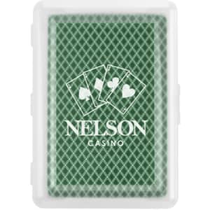 A green playing card deck in a clear case, featuring a logo and card design on the front.