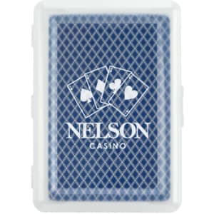A set of playing cards in a clear plastic case, featuring a blue design with a logo and card graphics.