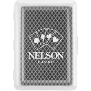 A clear case containing playing cards with a black design featuring three playing cards and a logo.