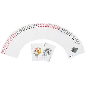 A set of playing cards fanned out, featuring red and black suits, with two illustrated cards prominently displayed.