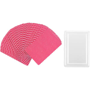 A set of red playing cards fanned out next to a white case for storage.