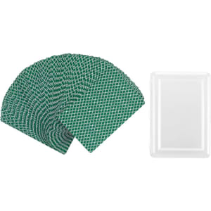 A set of green playing cards fanned out beside a white storage case. The cards feature a textured pattern.