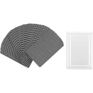 A set of playing cards in a white case, featuring a black and white geometric pattern on the card backs.