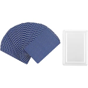 A set of blue playing cards spread out beside a white case. The cards feature a geometric pattern.